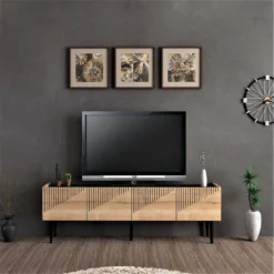 Meuble TV Oppdal à 2 Portes Avec Espace De Rangement 45 X 154 X 37 Cm Effet Chêne / Marbre Noir [en.casa]