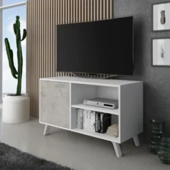 Meuble TV 100 Avec Porte A Gauche, Pour Salon, Modele WIND, BLANC MAT/CIMENT, 95x40x57cm -Pas Cher Mobiliora Magasin meuble tv 10001327