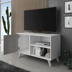 Meuble TV 100 Avec Porte A Gauche, Pour Salon, Modele WIND, BLANC MAT/CIMENT, 95x40x57cm -Pas Cher Mobiliora Magasin meuble tv 10001329