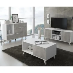 Meuble TV 100 Avec Porte A Gauche, Pour Salon, Modele WIND, BLANC MAT/CIMENT, 95x40x57cm -Pas Cher Mobiliora Magasin meuble tv 10001331