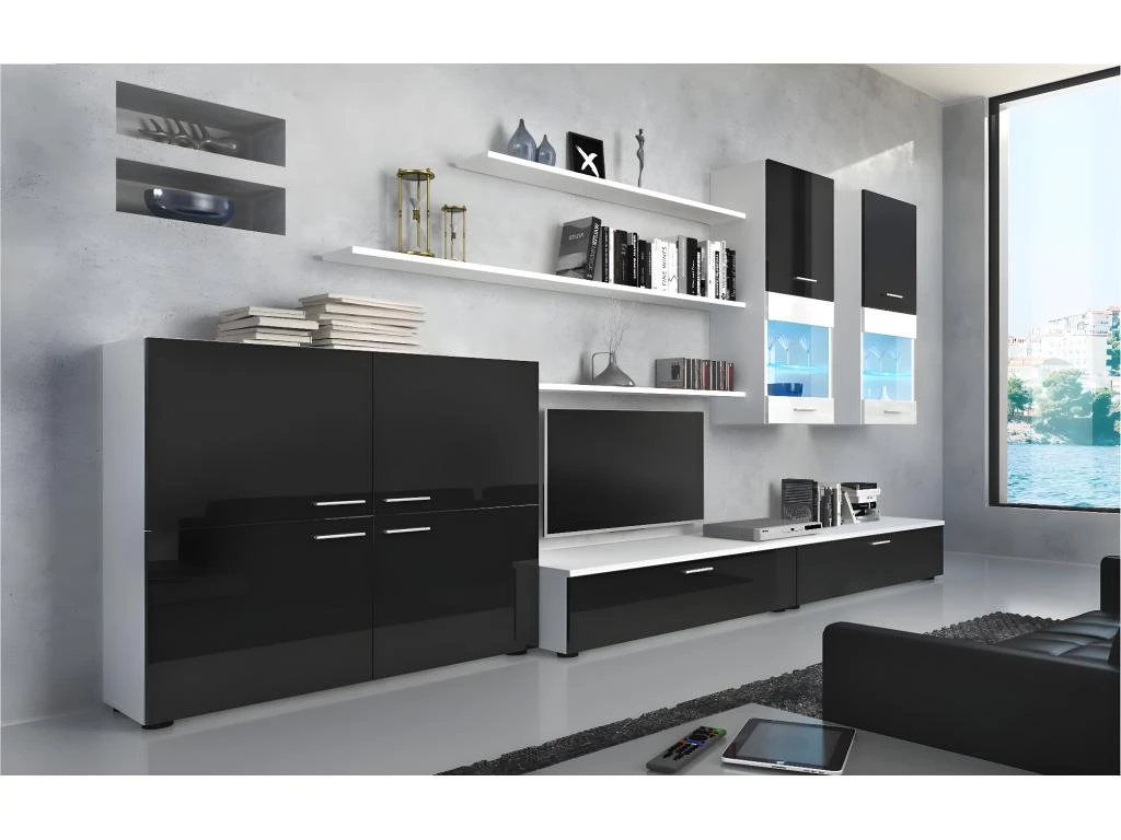 Ensemble De Meubles, Meuble TV, Ilumin. LED, Noir Laque/Blanc Mate, 300x189x42cm 4 Ensemble De Meubles, Meuble TV, Ilumin. LED, Noir Laque/Blanc Mate, 300x189x42cm – Image 2