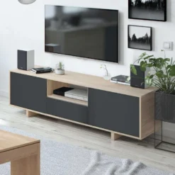 Meuble TV Zaida 3 Portes Couleur Chêne Et Gris, 150 Cm (Largeur) -Pas Cher Mobiliora Magasin meuble tv 10003721