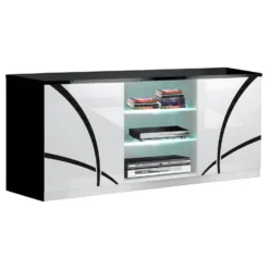 ALYSSA - Meuble TV 2 Portes Laqué Brillant Noir Et Blanc