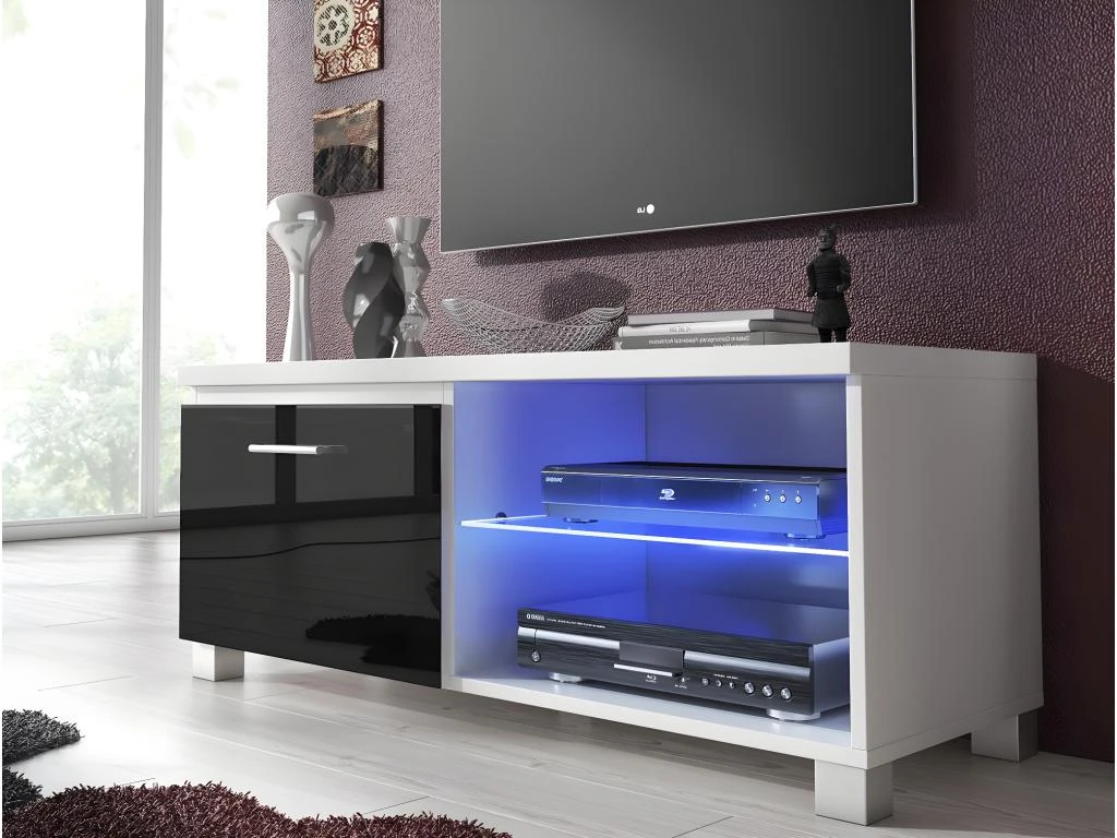 Meuble TV LED, Salon-Sejour, Blanc Et Noir Laque, 100x40x42cm 4 Meuble TV LED, Salon-Sejour, Blanc Et Noir Laque, 100x40x42cm â Image 2