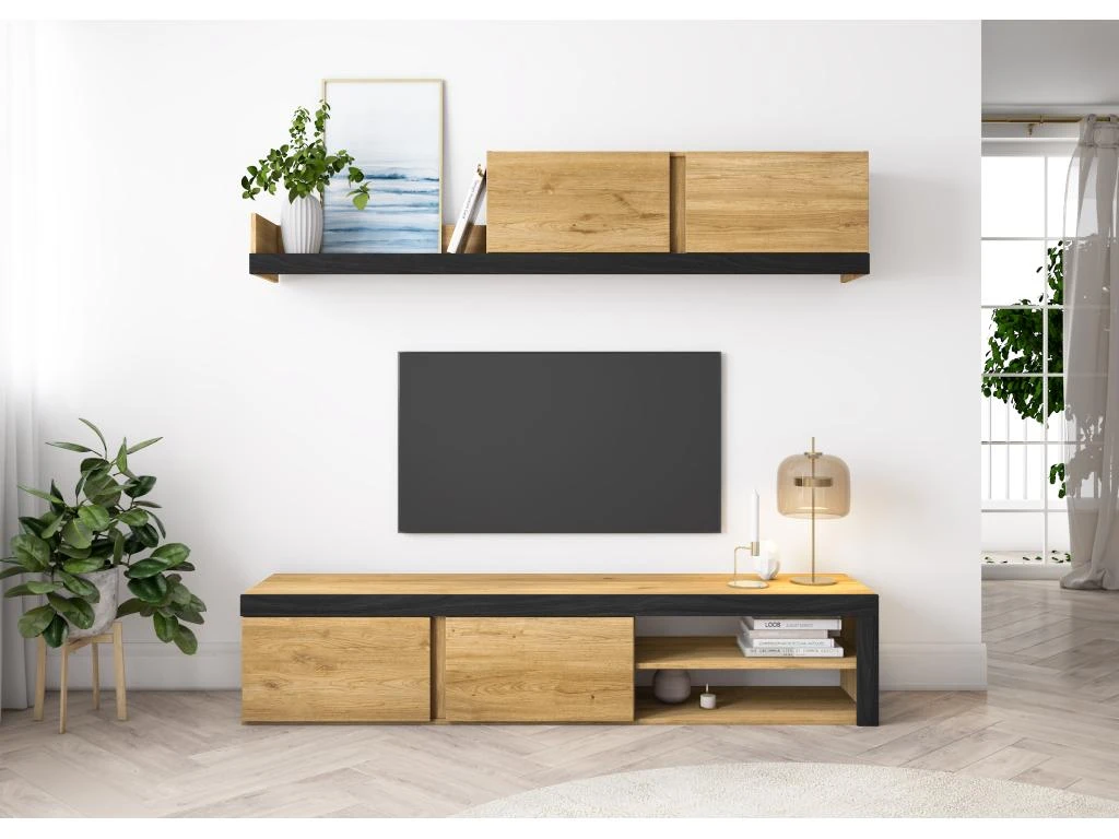 Salon IDEM "Naturale" - Ensemble De Meubles - Meuble Bas TV - Chêne/Noir - 200x180x40cm 4 Salon IDEM "Naturale" - Ensemble De Meubles - Meuble Bas TV - Chêne/Noir - 200x180x40cm – Image 2