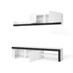Salon IDEM "Blanco" - Ensemble De Meubles - Meuble Bas TV - Blanc/Noir - 200x180x40cm