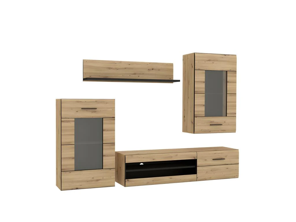 Ensemble Meuble TV Paroi Murale Décor Bois Clair Et Noir - SONNY 3 Ensemble Meuble TV Paroi Murale Décor Bois Clair Et Noir - SONNY