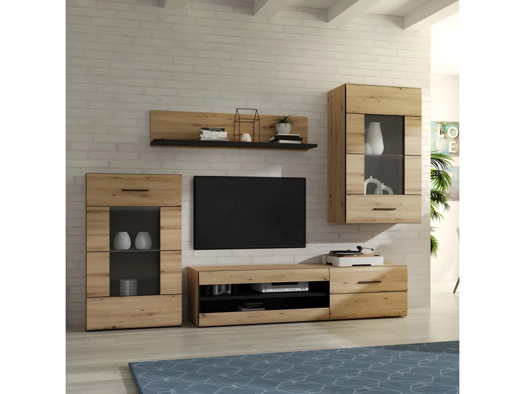 Ensemble Meuble TV Paroi Murale Décor Bois Clair Et Noir - SONNY 4 Ensemble Meuble TV Paroi Murale Décor Bois Clair Et Noir - SONNY – Image 2