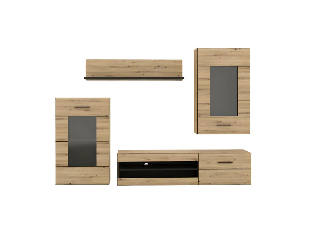 Ensemble Meuble TV Paroi Murale Décor Bois Clair Et Noir - SONNY 7 Ensemble Meuble TV Paroi Murale Décor Bois Clair Et Noir - SONNY – Image 5