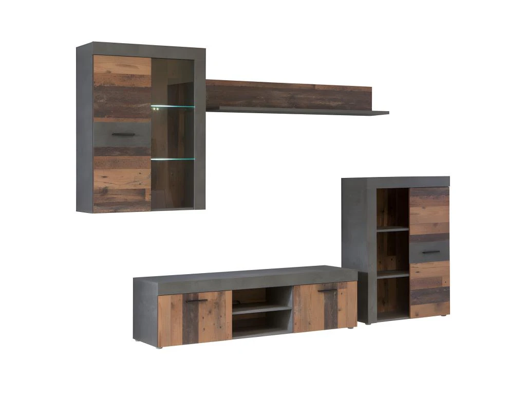 Ensemble Meuble TV Paroi Murale Finition Bois Et Béton Foncé - JULIAN 3 Ensemble Meuble TV Paroi Murale Finition Bois Et Béton Foncé - JULIAN