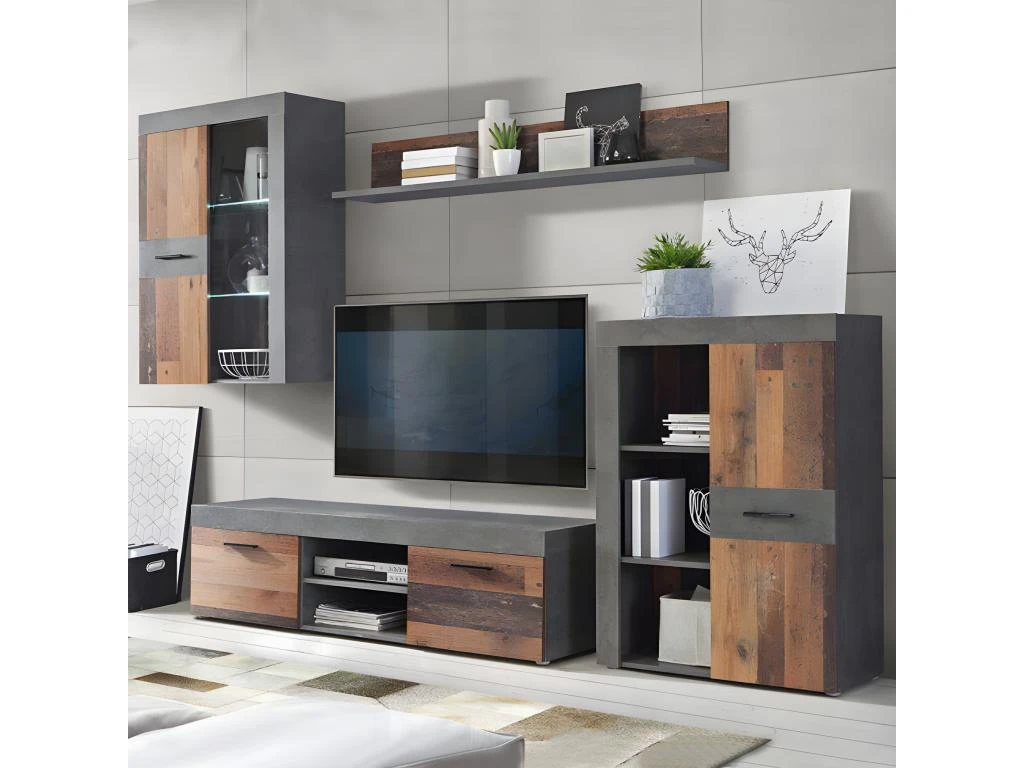 Ensemble Meuble TV Paroi Murale Finition Bois Et Béton Foncé - JULIAN 4 Ensemble Meuble TV Paroi Murale Finition Bois Et Béton Foncé - JULIAN – Image 2