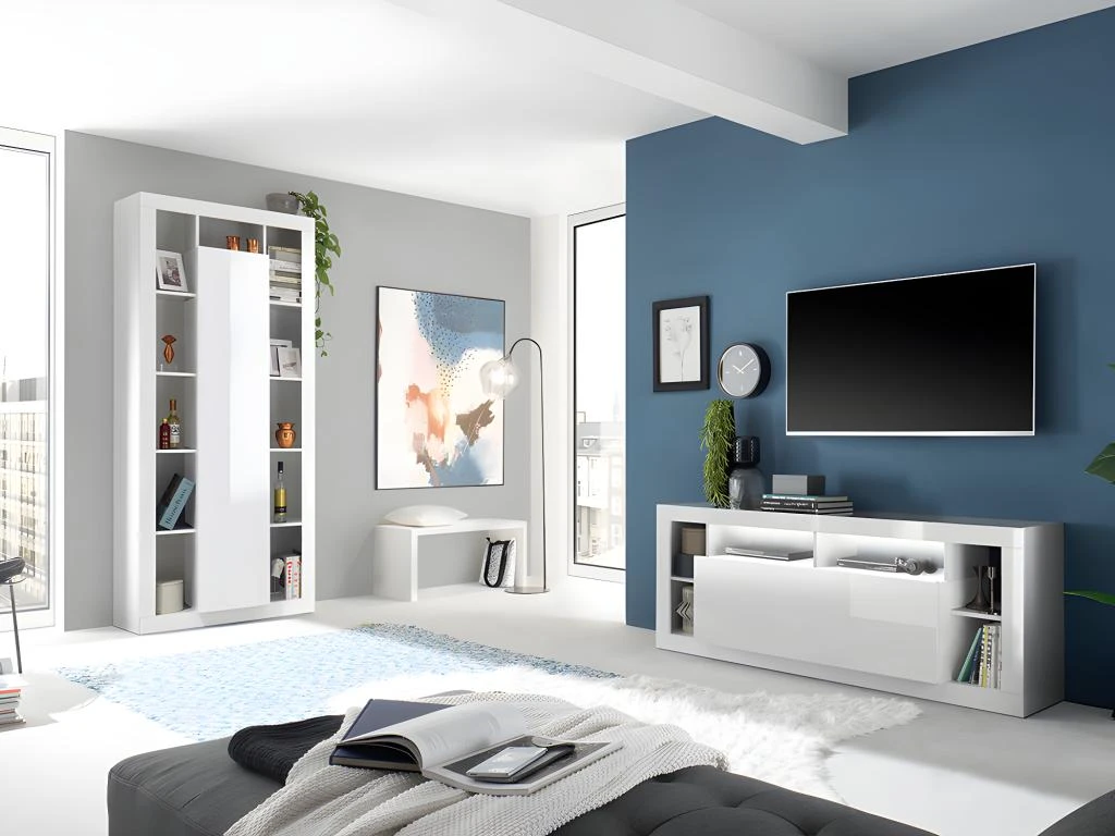 Meuble TV - 1 Porte Et 6 Niches - Avec LEDs - Blanc Laqué - BALKA 9 Meuble TV - 1 Porte Et 6 Niches - Avec LEDs - Blanc Laqué - BALKA – Image 7