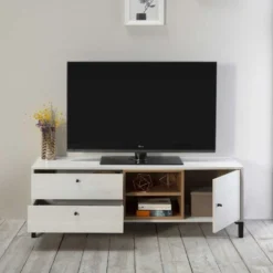Meuble TV Javea 2 Tiroirs Et 1 Porte, Couleur Blanc Et Bois, 136,5 Cm (Largeur) -Pas Cher Mobiliora Magasin meuble tv 10761613
