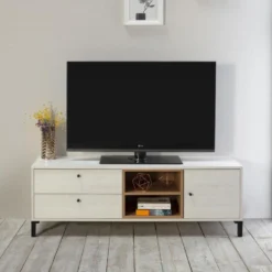 Meuble TV Javea 2 Tiroirs Et 1 Porte, Couleur Blanc Et Bois, 136,5 Cm (Largeur) -Pas Cher Mobiliora Magasin meuble tv 10761615