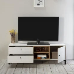 Meuble TV Javea 2 Tiroirs Et 1 Porte, Couleur Blanc Et Bois, 136,5 Cm (Largeur) -Pas Cher Mobiliora Magasin meuble tv 10761617