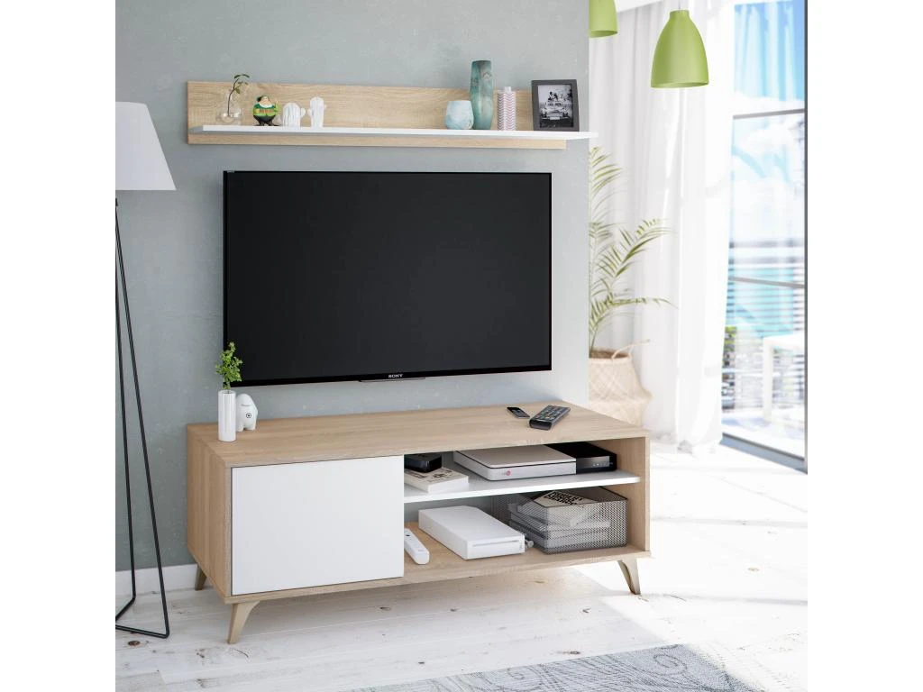 Meuble TV Kiko 1 Porte Avec Étagère, Couleur Chêne Et Blanc, 135 Cm (Largeur) 5 Meuble TV Kiko 1 Porte Avec Étagère, Couleur Chêne Et Blanc, 135 Cm (Largeur) – Image 3