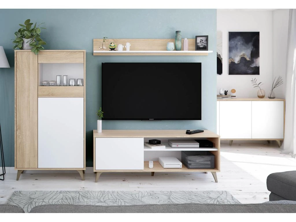 Meuble TV Kiko 1 Porte Avec Étagère, Couleur Chêne Et Blanc, 135 Cm (Largeur) 6 Meuble TV Kiko 1 Porte Avec Étagère, Couleur Chêne Et Blanc, 135 Cm (Largeur) – Image 4