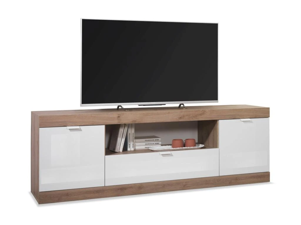 Meuble TV Avec 2 Portes, 1 Tiroir Et 1 Niche - Naturel Et Blanc Laqué - EVOLIA 5 Meuble TV Avec 2 Portes, 1 Tiroir Et 1 Niche - Naturel Et Blanc Laqué - EVOLIA – Image 3