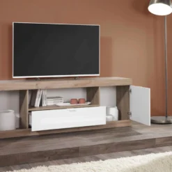 Meuble TV Avec 2 Portes, 1 Tiroir Et 1 Niche - Naturel Et Blanc Laqué - EVOLIA 8 Meuble TV Avec 2 Portes, 1 Tiroir Et 1 Niche - Naturel Et Blanc Laqué - EVOLIA -Pas Cher Mobiliora Magasin meuble tv 10790885