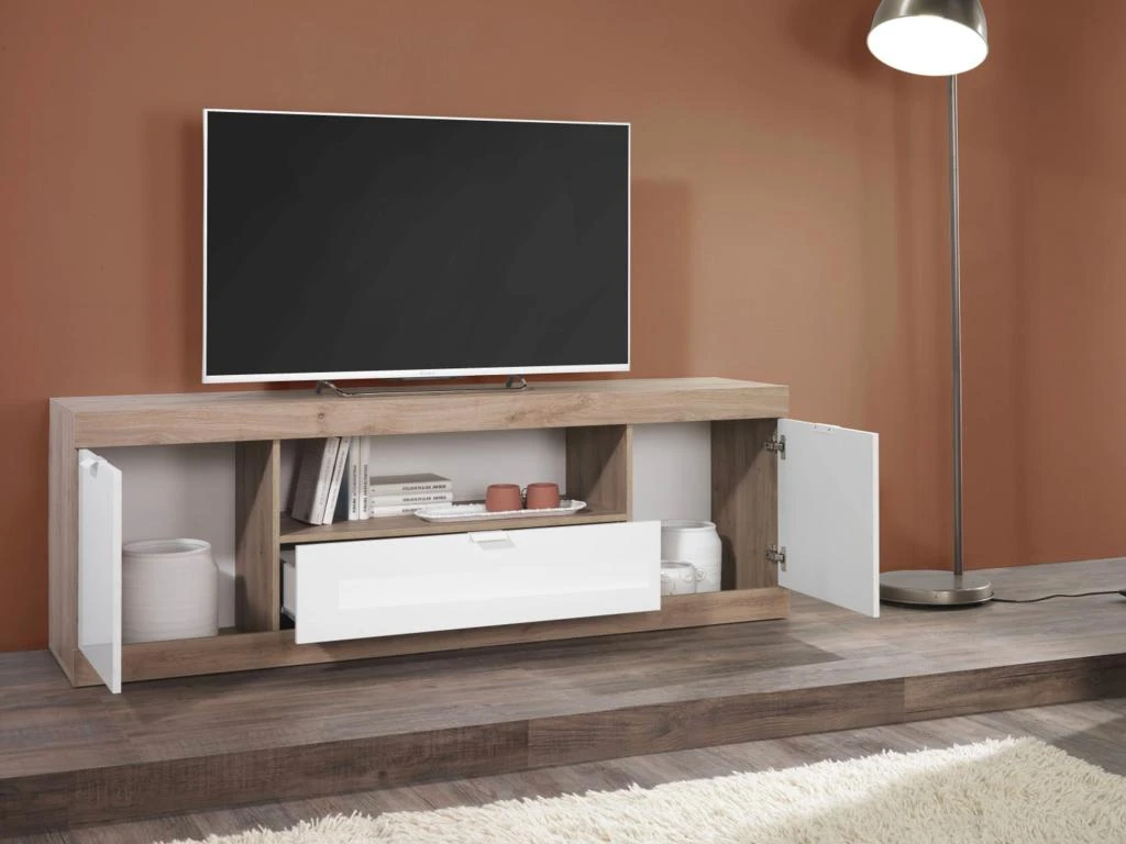 Meuble TV Avec 2 Portes, 1 Tiroir Et 1 Niche - Naturel Et Blanc Laqué - EVOLIA 4 Meuble TV Avec 2 Portes, 1 Tiroir Et 1 Niche - Naturel Et Blanc Laqué - EVOLIA – Image 2