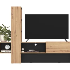 Meuble TV Avec 1 Porte 2 étagères Et 2 Niches - Naturel Et Noir - SEVRELA -Pas Cher Mobiliora Magasin meuble tv 10868035