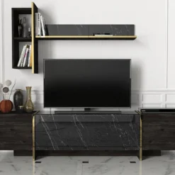 Ensemble TV Avec Rangements - Effet Marbre Noir, Naturel Foncé Et Doré - CADEBA II