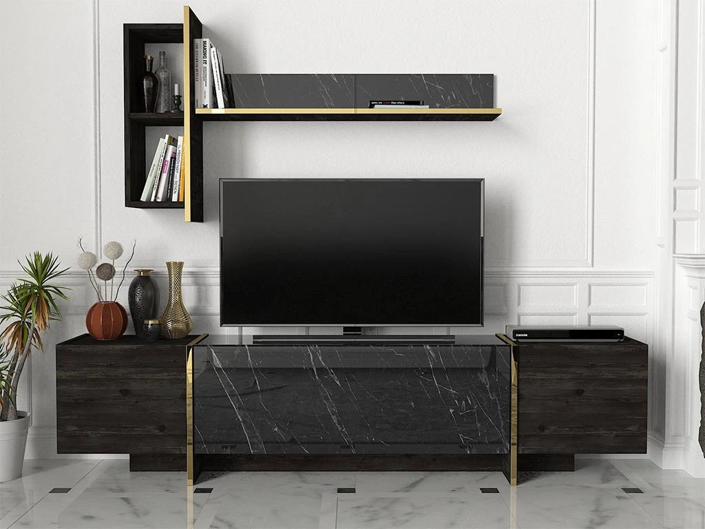 Ensemble TV Avec Rangements - Effet Marbre Noir, Naturel Foncé Et Doré - CADEBA II 3 Ensemble TV Avec Rangements - Effet Marbre Noir, Naturel Foncé Et Doré - CADEBA II