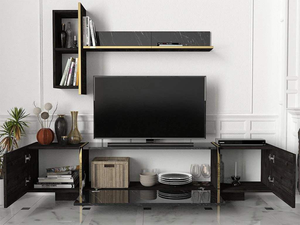 Ensemble TV Avec Rangements - Effet Marbre Noir, Naturel Foncé Et Doré - CADEBA II 4 Ensemble TV Avec Rangements - Effet Marbre Noir, Naturel Foncé Et Doré - CADEBA II – Image 2