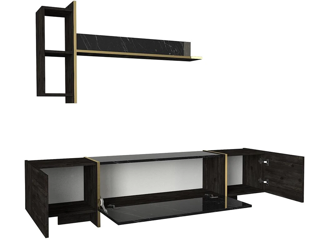 Ensemble TV Avec Rangements - Effet Marbre Noir, Naturel Foncé Et Doré - CADEBA II 8 Ensemble TV Avec Rangements - Effet Marbre Noir, Naturel Foncé Et Doré - CADEBA II – Image 6