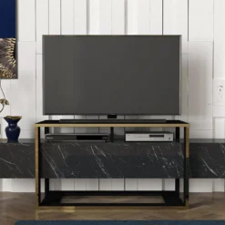 Meuble TV Avec 2 Niches - Effet Marbre Noir Et Doré - COMEBI II