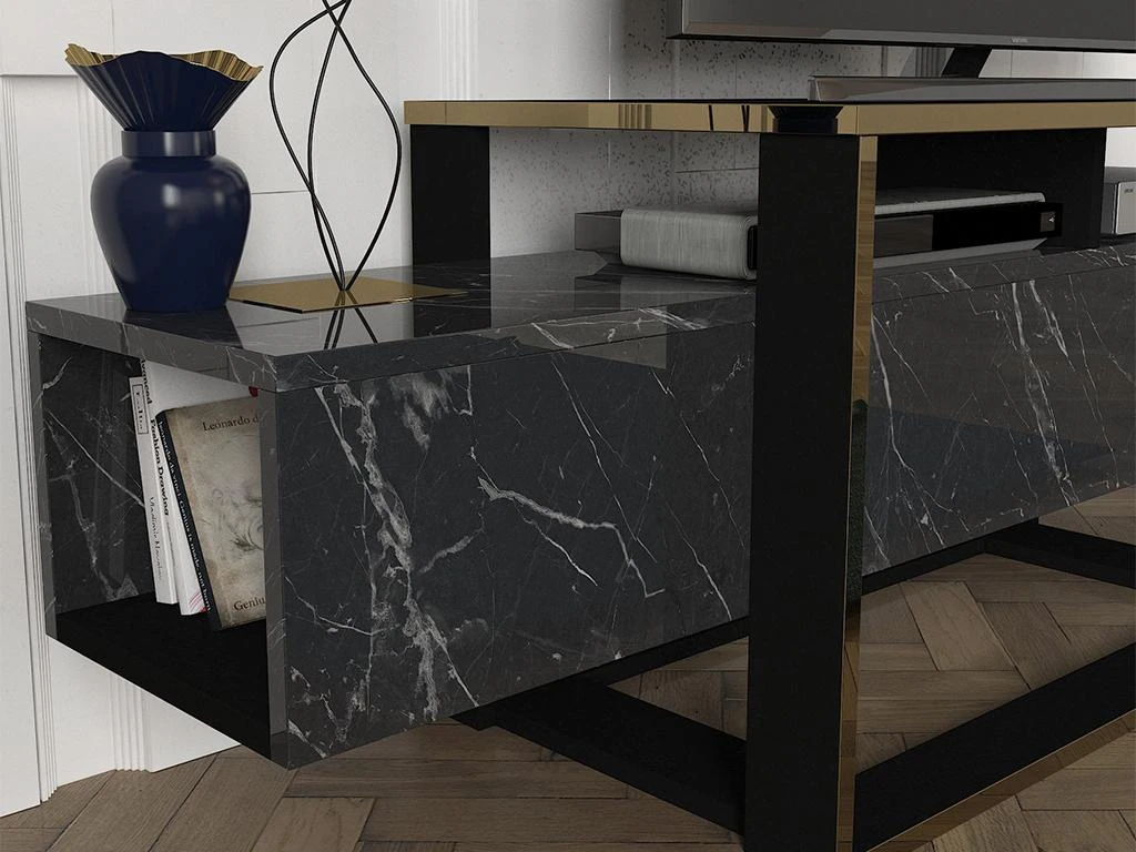 Meuble TV Avec 2 Niches - Effet Marbre Noir Et Doré - COMEBI II 4 Meuble TV Avec 2 Niches - Effet Marbre Noir Et Doré - COMEBI II – Image 2