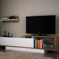 Ensemble TV Avec Rangements - Naturel Et Blanc - RANEBI II