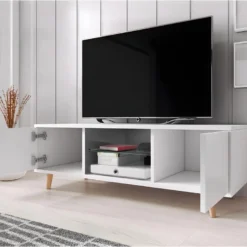 Meuble TV 2 Portes 140 Cm Kymani Blanc -Pas Cher Mobiliora Magasin meuble tv 11108113