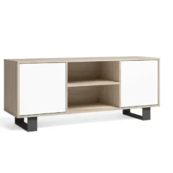 Meuble TV 140 2 Portes, Salon, Modèle WIND, Couleur Chêne-Blanc, 137x40x57cm.