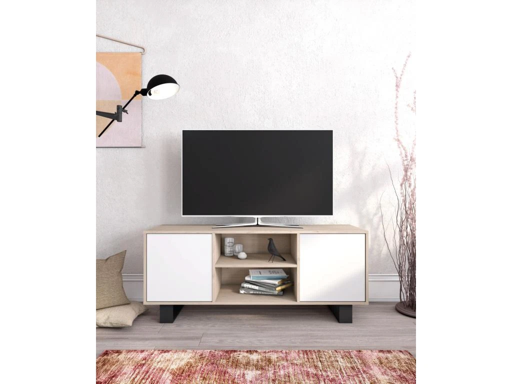 Meuble TV 140 2 Portes, Salon, Modèle WIND, Couleur Chêne-Blanc, 137x40x57cm. 4 Meuble TV 140 2 Portes, Salon, Modèle WIND, Couleur Chêne-Blanc, 137x40x57cm. – Image 2
