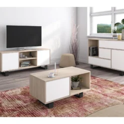 Meuble TV 140 2 Portes, Salon, Modèle WIND, Couleur Chêne-Blanc, 137x40x57cm. 9 Meuble TV 140 2 Portes, Salon, Modèle WIND, Couleur Chêne-Blanc, 137x40x57cm. -Pas Cher Mobiliora Magasin meuble tv 11113205