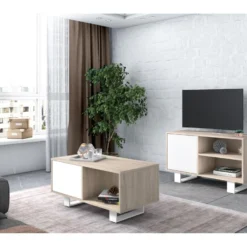 Meuble TV100 Avec Porte Gauche, Salon/salle à Manger, Modèle WIND, Chêne-Blanc, 95x40x57cm -Pas Cher Mobiliora Magasin meuble tv 11113261