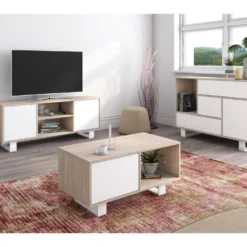 Meuble TV100 Avec Porte Gauche, Salon/salle à Manger, Modèle WIND, Chêne-Blanc, 95x40x57cm -Pas Cher Mobiliora Magasin meuble tv 11113265
