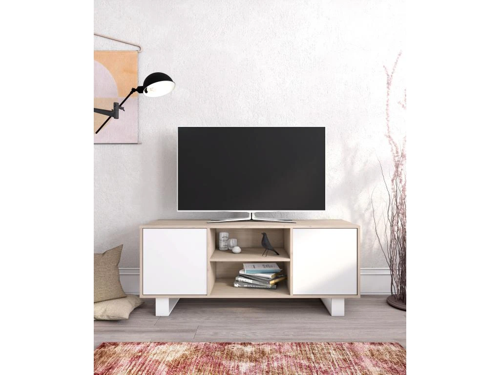 Meuble TV140 2 Portes, Salon, Modèle WIND, Couleur Chêne-Blanc, 137x40x57cm 4 Meuble TV140 2 Portes, Salon, Modèle WIND, Couleur Chêne-Blanc, 137x40x57cm – Image 2