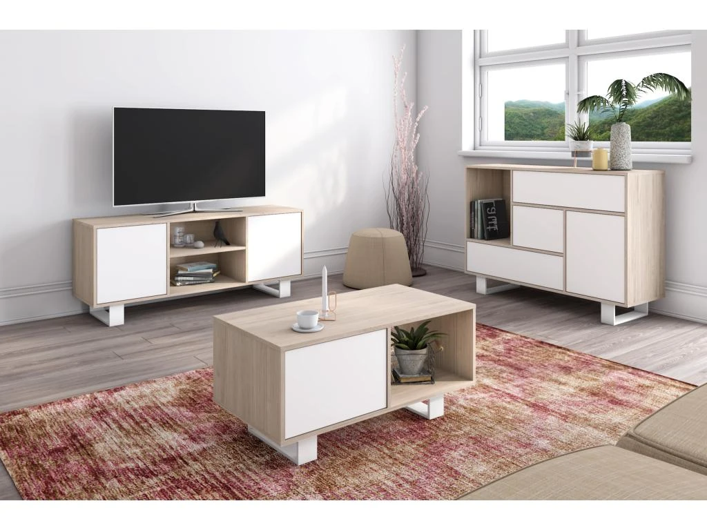 Meuble TV140 2 Portes, Salon, Modèle WIND, Couleur Chêne-Blanc, 137x40x57cm 6 Meuble TV140 2 Portes, Salon, Modèle WIND, Couleur Chêne-Blanc, 137x40x57cm – Image 4