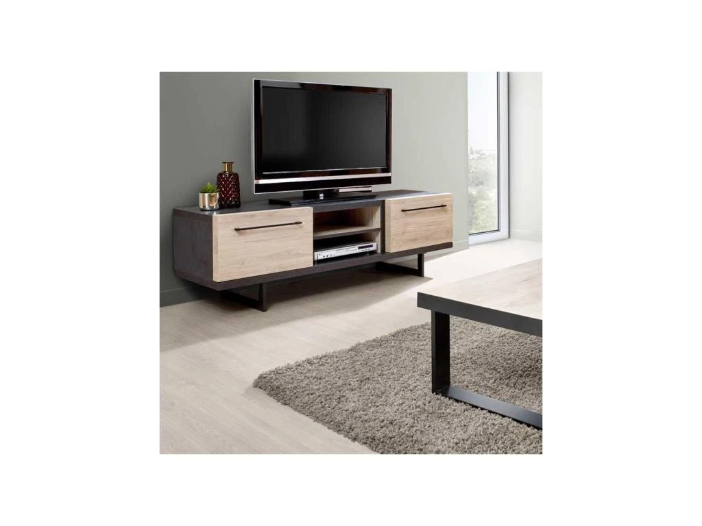 Meuble TV 2 Portes 2 Niches Bois Clair/Béton Ciré - OZALEE 4 Meuble TV 2 Portes 2 Niches Bois Clair/Béton Ciré - OZALEE – Image 2