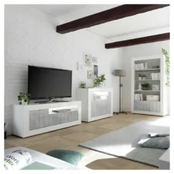 Meuble TV 3 Portes Blanc/Béton Ciré Clair - LUBIO -Pas Cher Mobiliora Magasin meuble tv 11126449