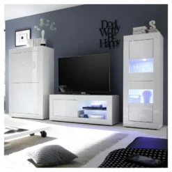 Meuble TV 1 Porte 2 Niches Blanc Laqué Brillant à LEDs - MATERA -Pas Cher Mobiliora Magasin meuble tv 11126651