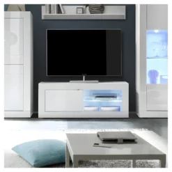 Meuble TV 1 Porte 2 Niches Blanc Laqué Brillant à LEDs - MATERA -Pas Cher Mobiliora Magasin meuble tv 11126655