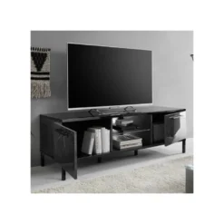 Meuble TV 2 Portes 2 Niches Marbre Noir Brillant - CALABRE -Pas Cher Mobiliora Magasin meuble tv 11127115