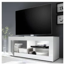 Meuble TV 1 Porte 2 Niches Blanc/Béton Ciré Clair à LEDs - MATERA -Pas Cher Mobiliora Magasin meuble tv 11127285