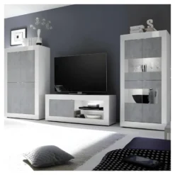 Meuble TV 1 Porte 2 Niches Blanc/Béton Ciré Clair à LEDs - MATERA -Pas Cher Mobiliora Magasin meuble tv 11127287