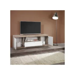 Meuble TV 2 Portes 1 Tiroir Blanc Laqué Brillant/Chêne Naturel - SPEZIA -Pas Cher Mobiliora Magasin meuble tv 11127311