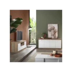 Meuble TV 2 Portes 1 Tiroir Blanc Laqué Brillant/Chêne Naturel - SPEZIA -Pas Cher Mobiliora Magasin meuble tv 11127313