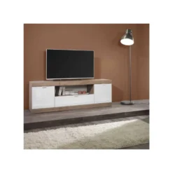 Meuble TV 2 Portes 1 Tiroir Blanc Laqué Brillant/Chêne Naturel - SPEZIA -Pas Cher Mobiliora Magasin meuble tv 11127315